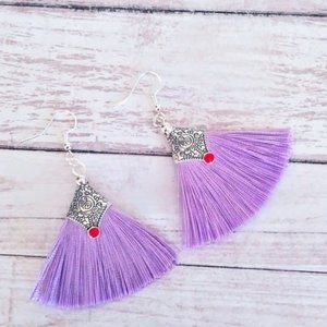 Bohemian Capped Glistening 925 Sterling Silver Lavender Tassel Fan Earrings